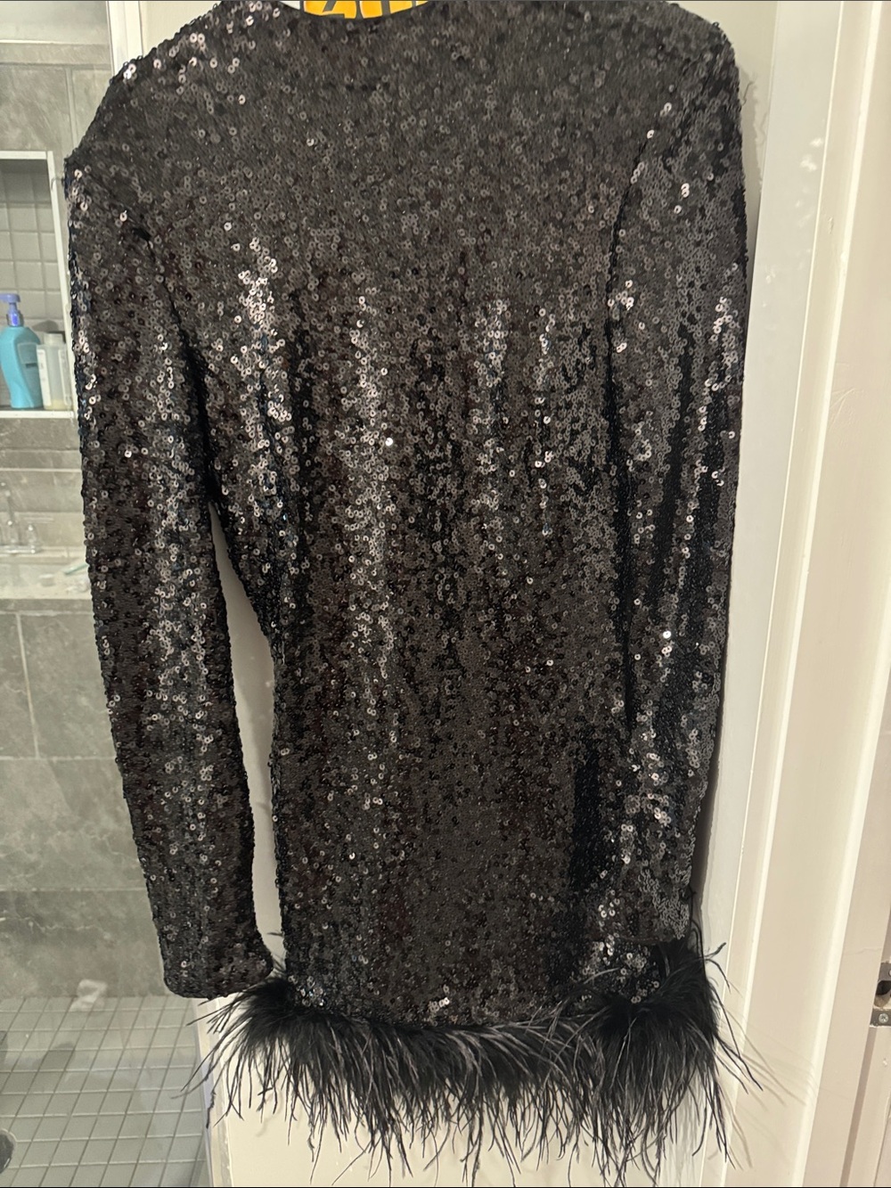 Fashion Nova Black Sequin Feather Trim Long Sleeve Dress